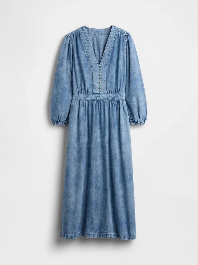 Denim Parçalı Bel Midi Elbise