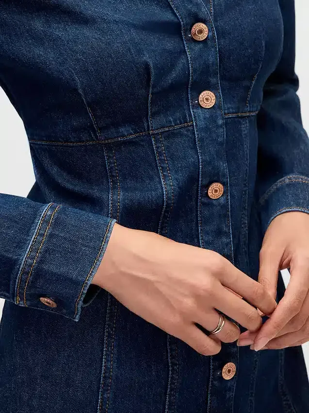 Denim Pileli Mini Elbise
