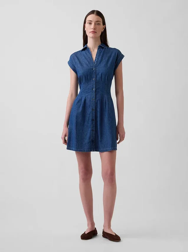 Denim Pileli Mini Gömlek Elbise
