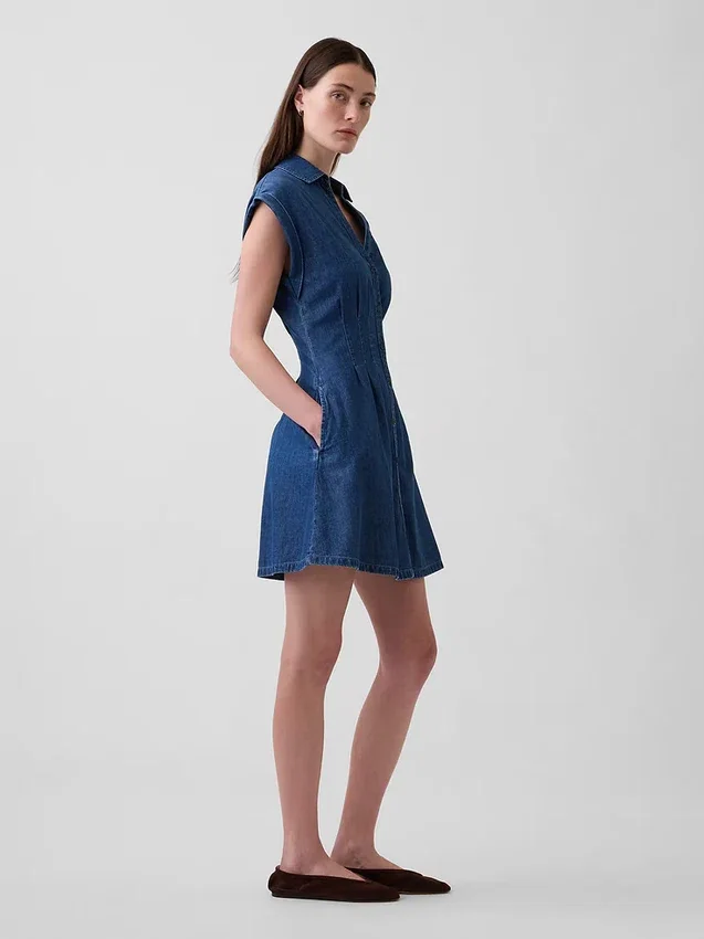 Denim Pileli Mini Gömlek Elbise