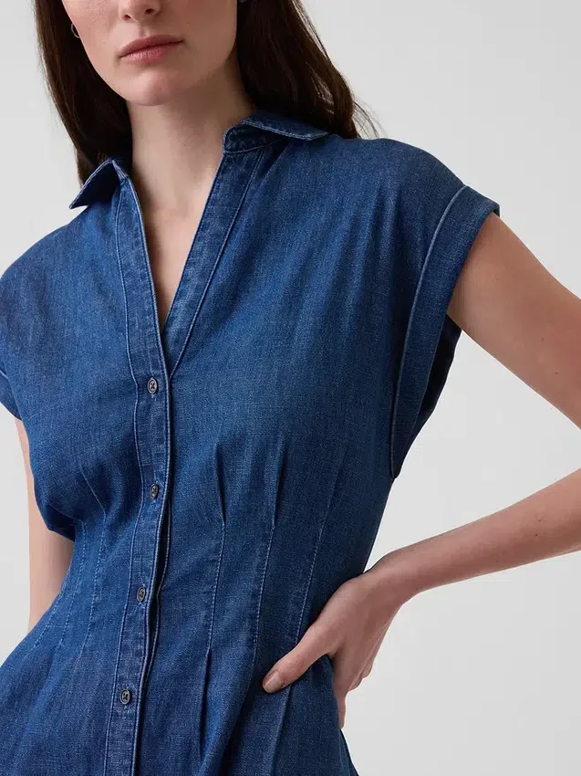 Denim Pileli Mini Gömlek Elbise