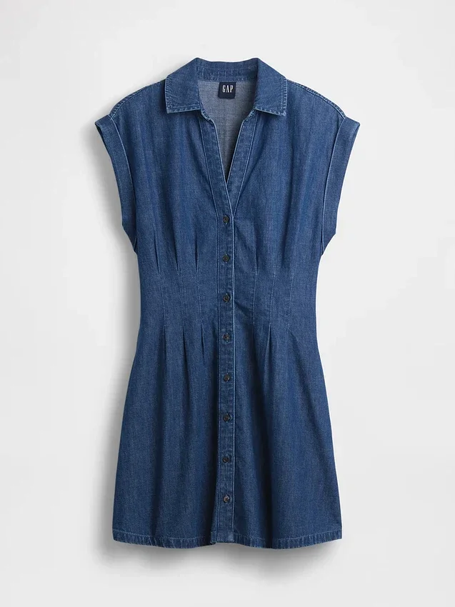 Denim Pileli Mini Gömlek Elbise