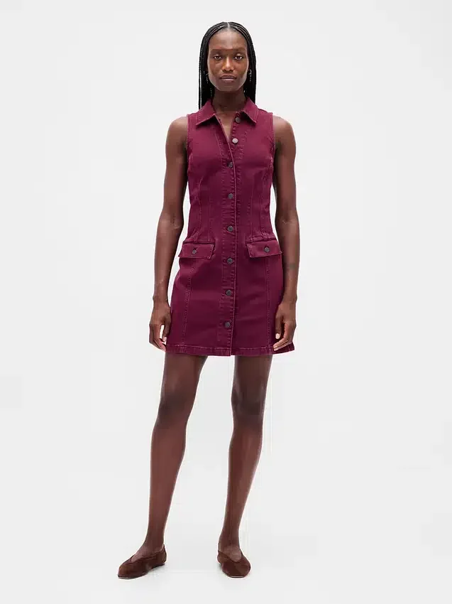 Denim Yakalı Düz Kesim Mini Elbise