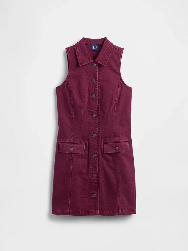 Denim Yakalı Düz Kesim Mini Elbise