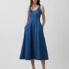 Denim Yuvarlak Yaka Maxi Elbise