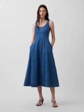 Denim Yuvarlak Yaka Maxi Elbise