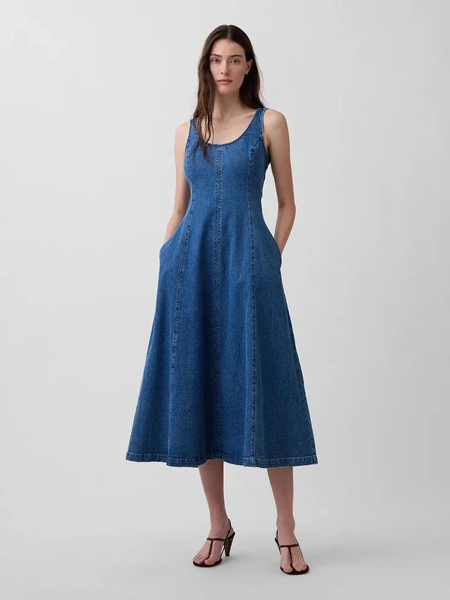 Denim Yuvarlak Yaka Maxi Elbise