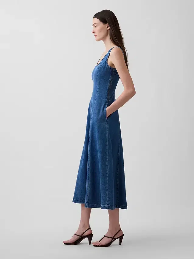 Denim Yuvarlak Yaka Maxi Elbise