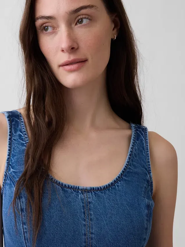 Denim Yuvarlak Yaka Maxi Elbise