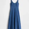 Denim Yuvarlak Yaka Maxi Elbise