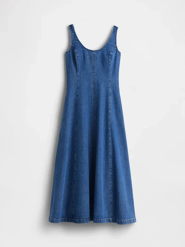 Denim Yuvarlak Yaka Maxi Elbise