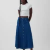 Dikişli Denim Düğmeli Maxi Etek
