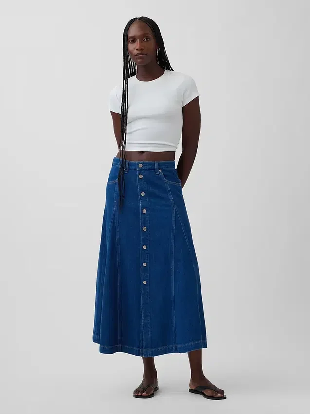 Dikişli Denim Düğmeli Maxi Etek