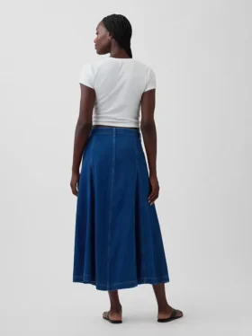 Dikişli Denim Düğmeli Maxi Etek