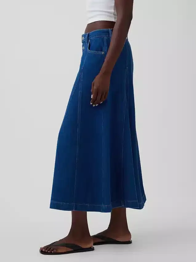 Dikişli Denim Düğmeli Maxi Etek