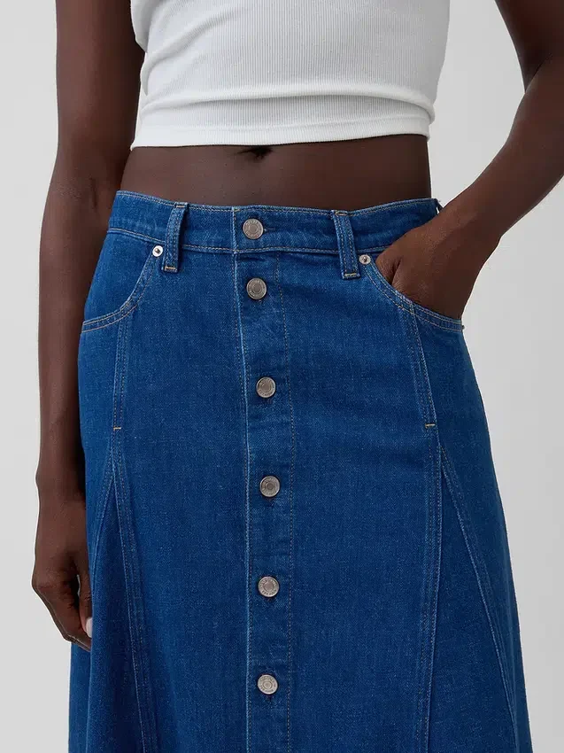 Dikişli Denim Düğmeli Maxi Etek