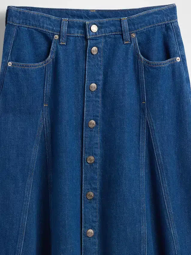 Dikişli Denim Düğmeli Maxi Etek