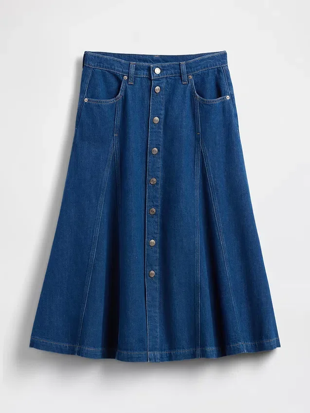 Dikişli Denim Düğmeli Maxi Etek