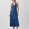 Dikişli Denim Halter Maxi Elbise