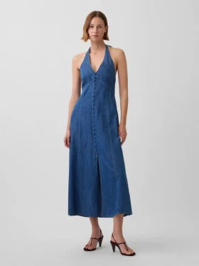Dikişli Denim Halter Maxi Elbise