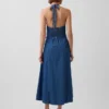 Dikişli Denim Halter Maxi Elbise