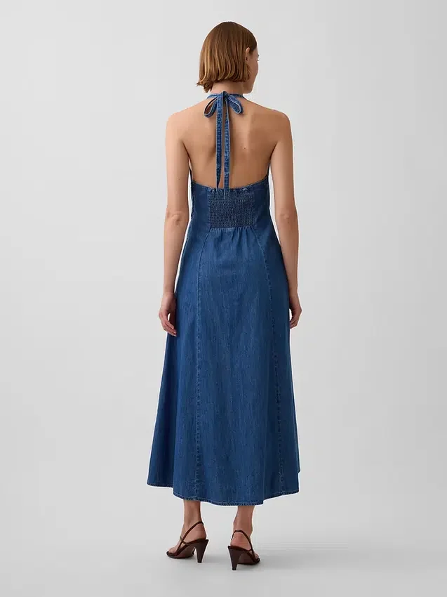 Dikişli Denim Halter Maxi Elbise