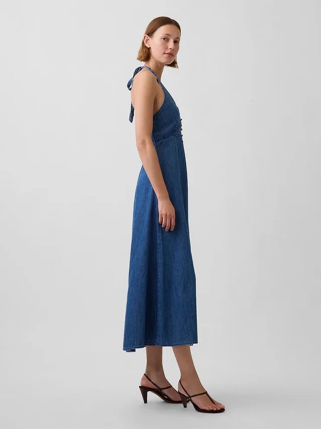 Dikişli Denim Halter Maxi Elbise
