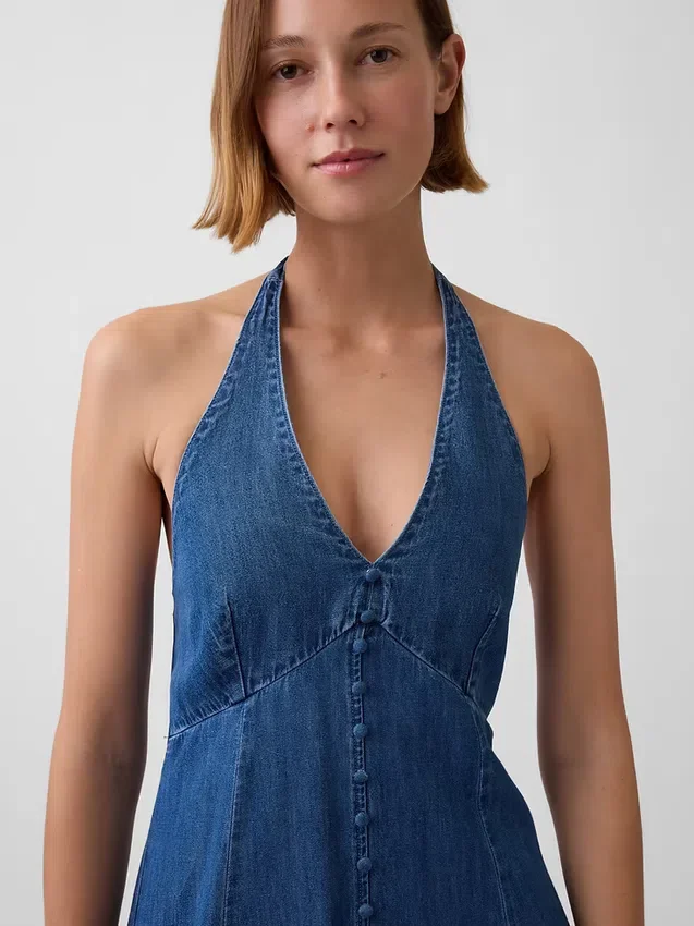 Dikişli Denim Halter Maxi Elbise