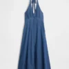 Dikişli Denim Halter Maxi Elbise