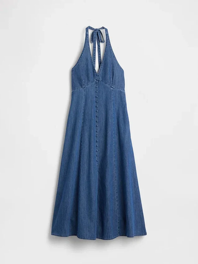 Dikişli Denim Halter Maxi Elbise