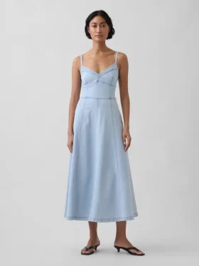 Dikişli Denim Korsajlı Maxi Elbise