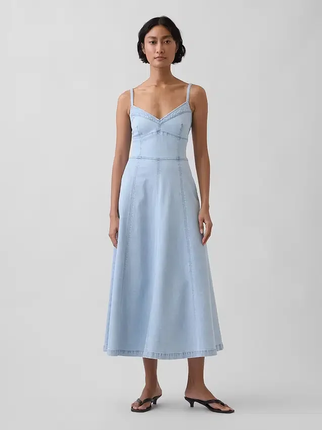 Dikişli Denim Korsajlı Maxi Elbise
