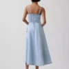 Dikişli Denim Korsajlı Maxi Elbise