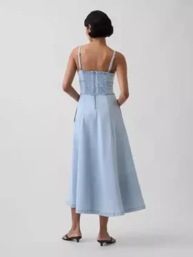 Dikişli Denim Korsajlı Maxi Elbise
