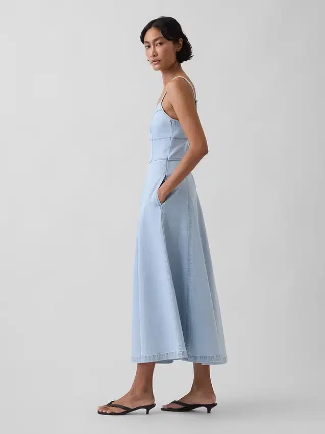 Dikişli Denim Korsajlı Maxi Elbise