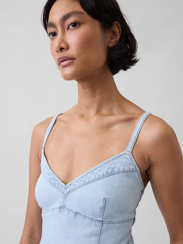 Dikişli Denim Korsajlı Maxi Elbise