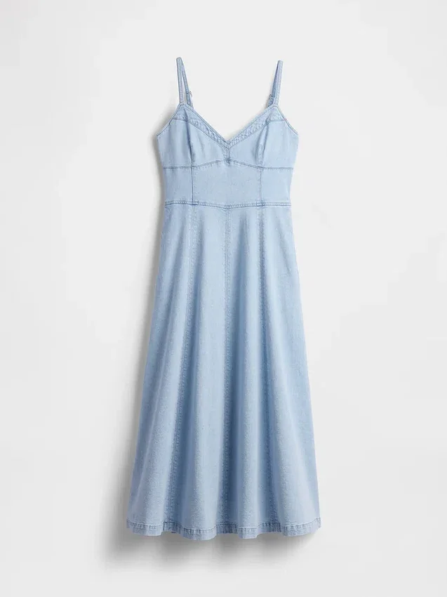 Dikişli Denim Korsajlı Maxi Elbise
