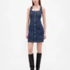 Dikişli Düğmeli Önlü Denim Mini Elbise