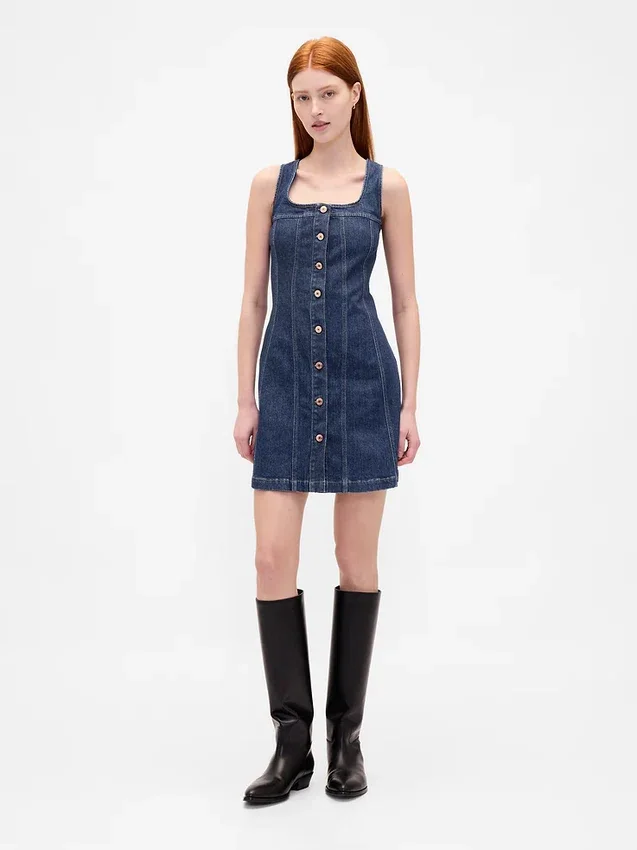 Dikişli Düğmeli Önlü Denim Mini Elbise