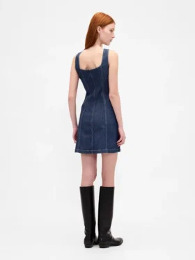 Dikişli Düğmeli Önlü Denim Mini Elbise