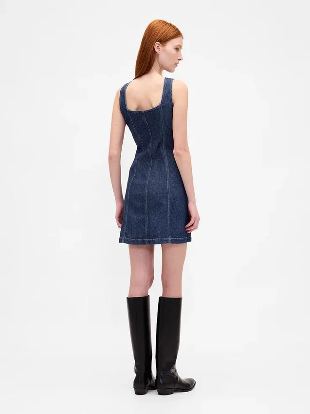 Dikişli Düğmeli Önlü Denim Mini Elbise