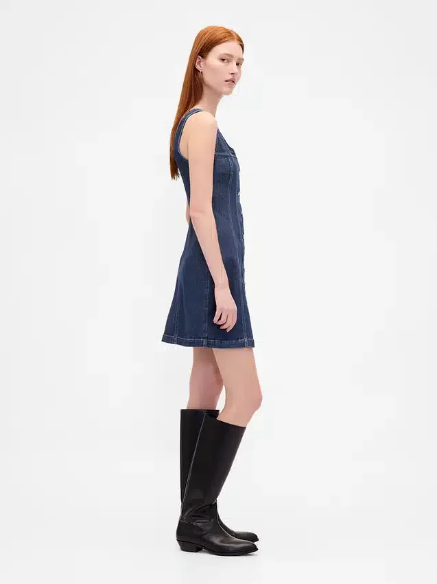 Dikişli Düğmeli Önlü Denim Mini Elbise
