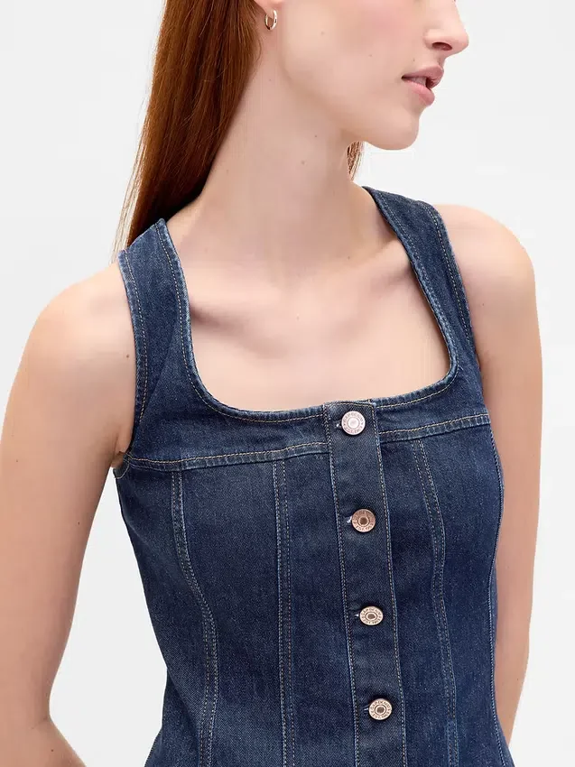 Dikişli Düğmeli Önlü Denim Mini Elbise