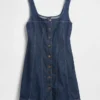 Dikişli Düğmeli Önlü Denim Mini Elbise