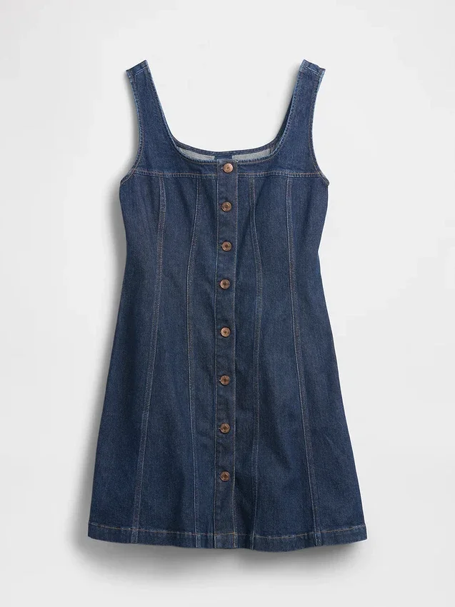 Dikişli Düğmeli Önlü Denim Mini Elbise