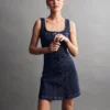 Dikişli Düğmeli Önlü Denim Mini Elbise