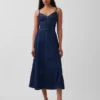 Dikişli Korsajlı Denim Maxi Elbise
