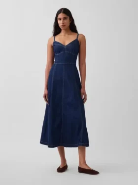 Dikişli Korsajlı Denim Maxi Elbise