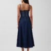 Dikişli Korsajlı Denim Maxi Elbise