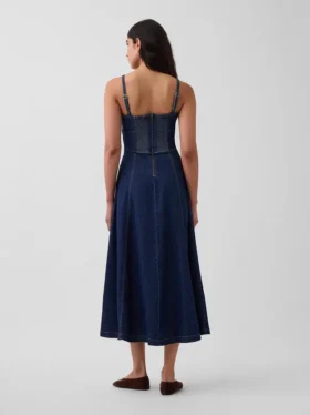 Dikişli Korsajlı Denim Maxi Elbise